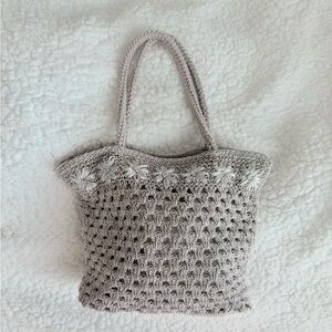 Handwoven Cream Crochet Tote Bag with Floral Trim